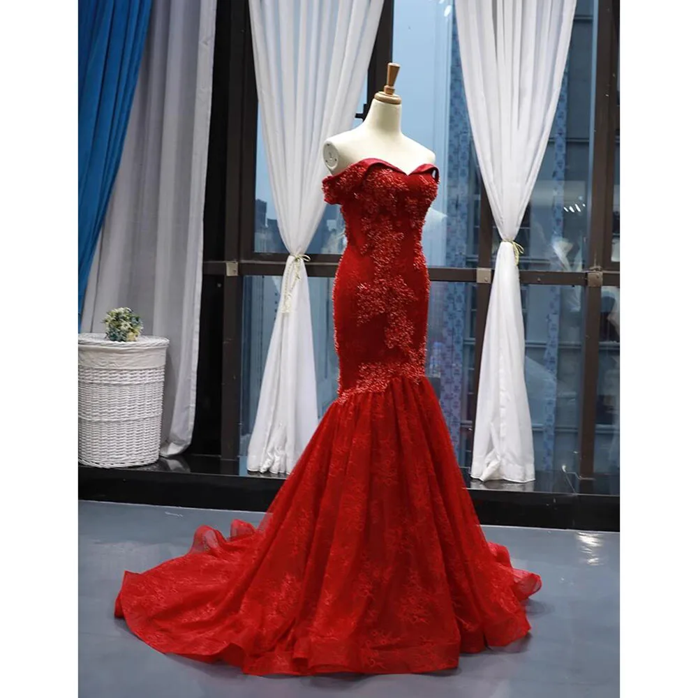 

High-end Mermaid Prom Dress Burgundy Lace Appliques Fashion Strapless Floor-Length Evening Gown Luxury Court Train Party Dress