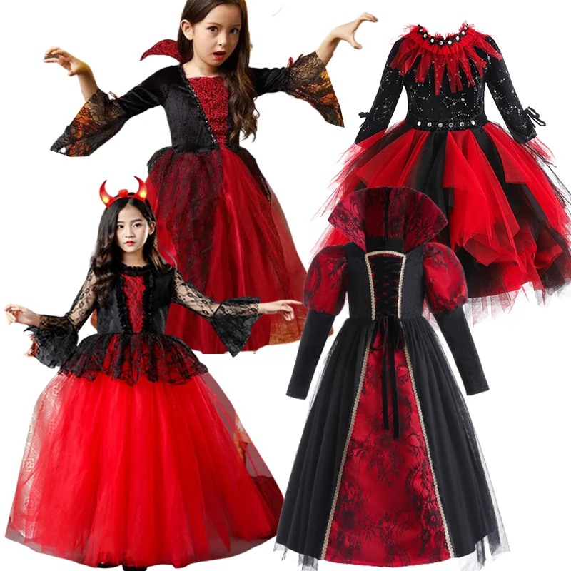 

Halloween Girls Ghost Bride DressCarnival Party Kids Vampire CostumeDress Up Children Pumpkin Vestidos Black Party Red Clothes