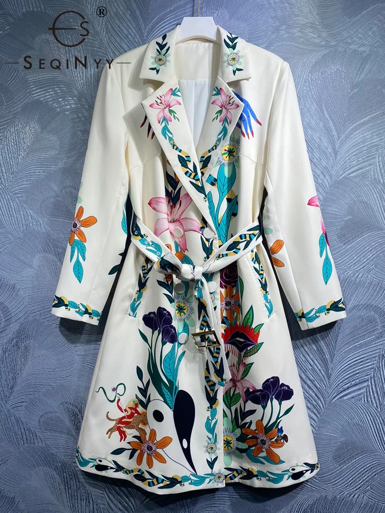 

SEQINYY Long Trench Coat White Autumn Spring New Fashion Design High Street Vintage Flower Print Belt For Female Elegant