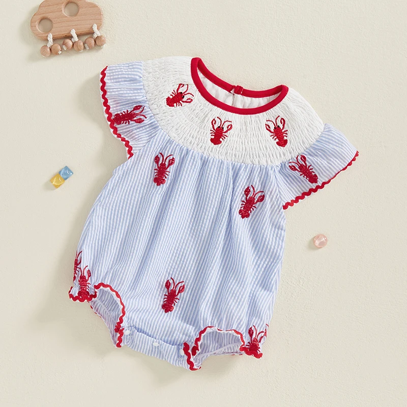 Newborn Infant Baby Girl Smocked Bubble Summer Sleeveless Striped Crawfish Embroidered Romper 4