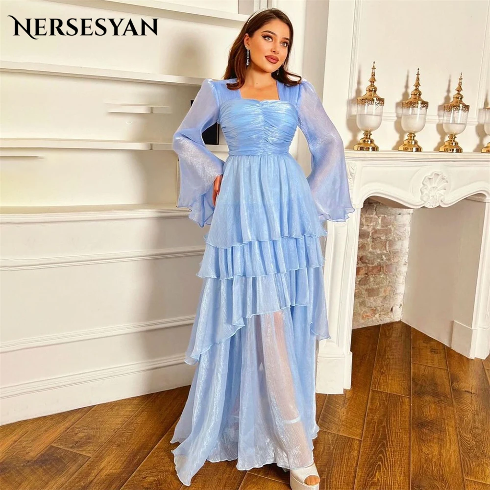 

Nersesyan Shiny Sky Blue Formal Evening Dresses Pleats A-Line Flare Sleeves Prom Dress Tiered Ruffles Pageant 2024 Party Gowns