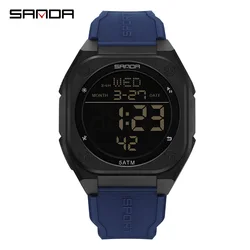 SANDA Digital Multifunction Waterproof Luminous Silicone Wristwatch (Black Blue)