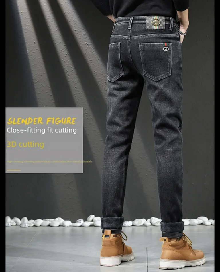 Description Picture 4 of itemMen Embroidered Fleece Jeans Slim Fit Small Foot Pants Elastic Waist Suitable Casual Scenarios Cotton Material
