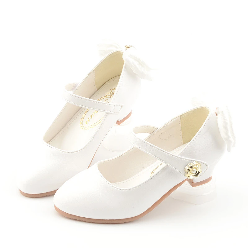 Zapatos de cuero de fiesta para niños y niñas, de PU de tacón bajo con de encaje, zapatos individuales para niñas, zapatos de vestir de blanco, rosa negro|Zapatos