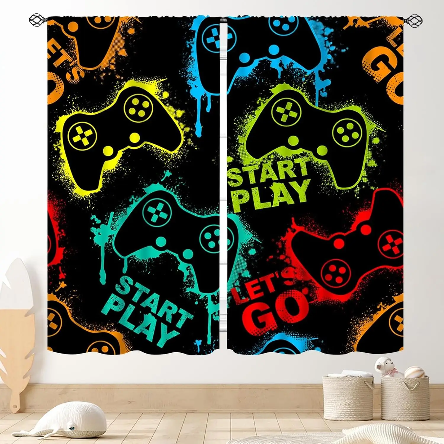 ตัวควบคุมเกมผ้าม่านสําหรับห้องเด็กผู้ชาย,ผ้าม่านวิดีโอเกมที่มีสีสัน,ห้องนอนเด็กวัยรุ่นและแผงหน้าต่างห้องเด็กเล่น,ชุด 2 ชิ้น 1