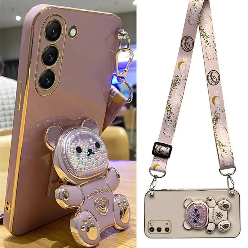 Quicksand Bear Halter Lanyard Handyhülle für Samsung Galaxy S23 S21 S20 S22 S10 Note 10 20 S24 Plus Ultra S21 Fe Stand Cover