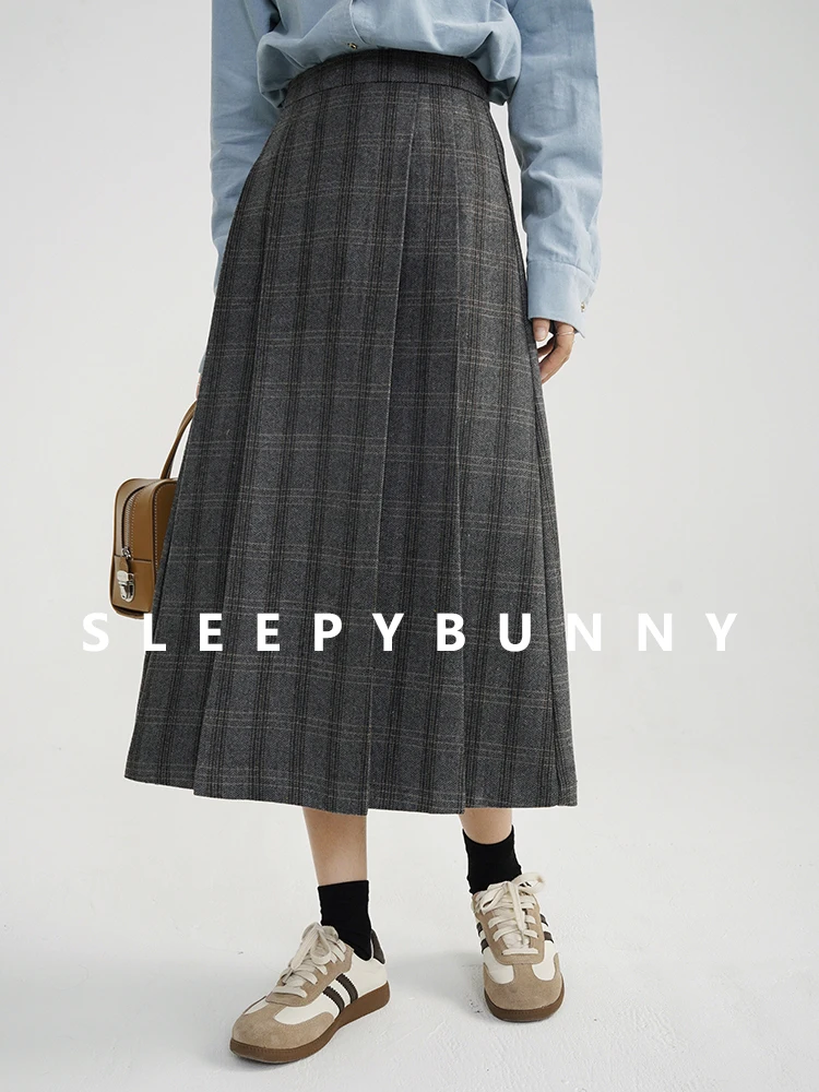Beeblily Dames geruite wollen lange rok vintage hoge taille A-lijn herfst/winter midi-rok, S