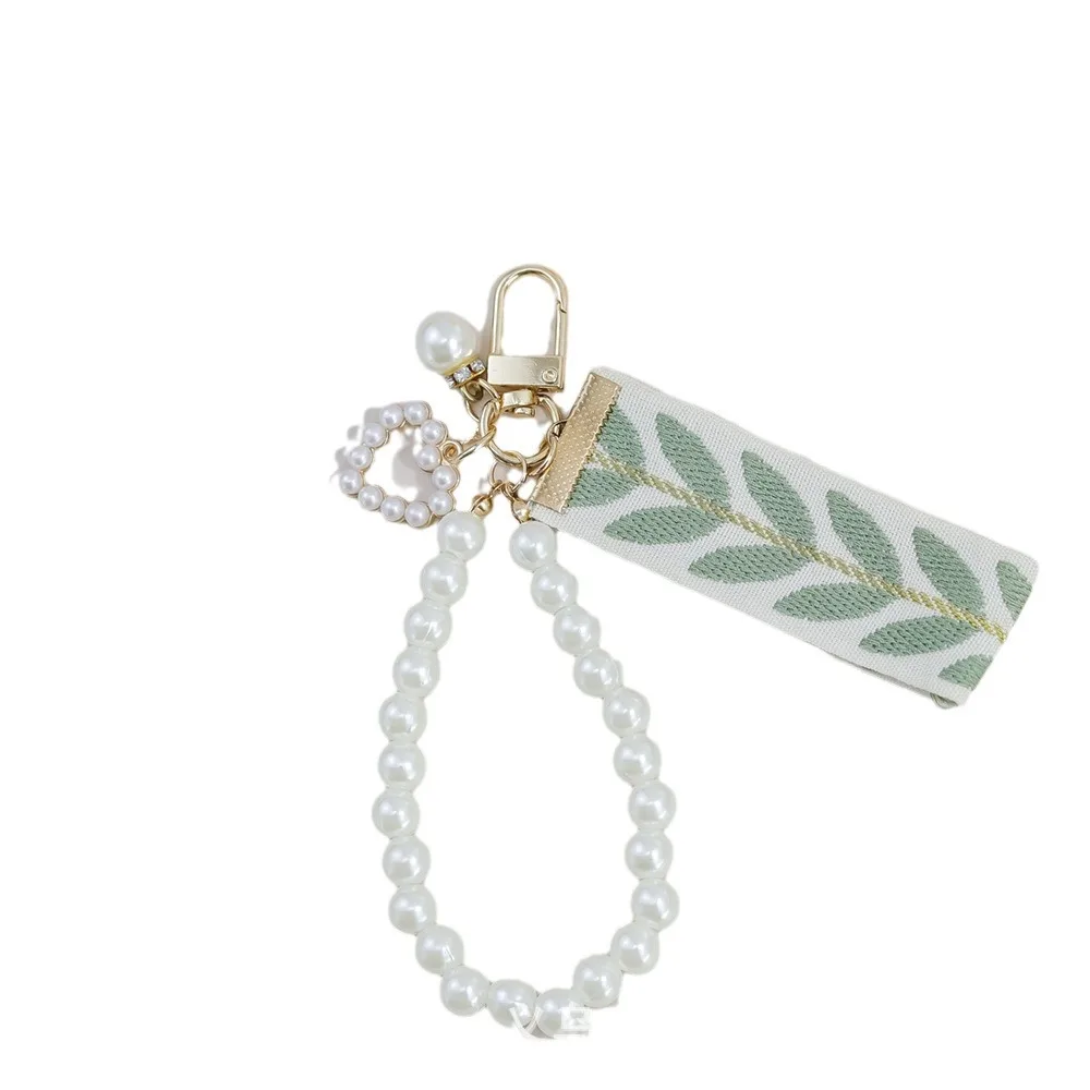 Elegant Leaf Pattern Wristlet Strap Keychain Imitation Pearls Beaded Link Chains Keyrings Bag Ornament Car Trinket Accessories