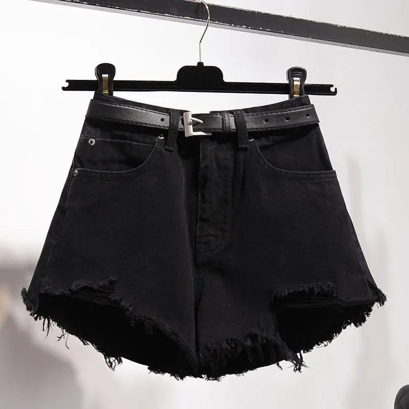 khaki shorts Ailegogo 2022 New Summer Women High Waist Hole Blue Denim Shorts Casual Female Solid Color Frayed Black Jeans Shorts With Belt bermuda shorts Shorts