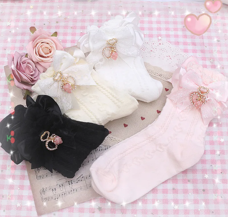 Japanese Rojita Style Sweet Cute Girl Lace Pearl Heart Strawberry Pendant Bow Short Socks Women's Stockings Clothes Accessories