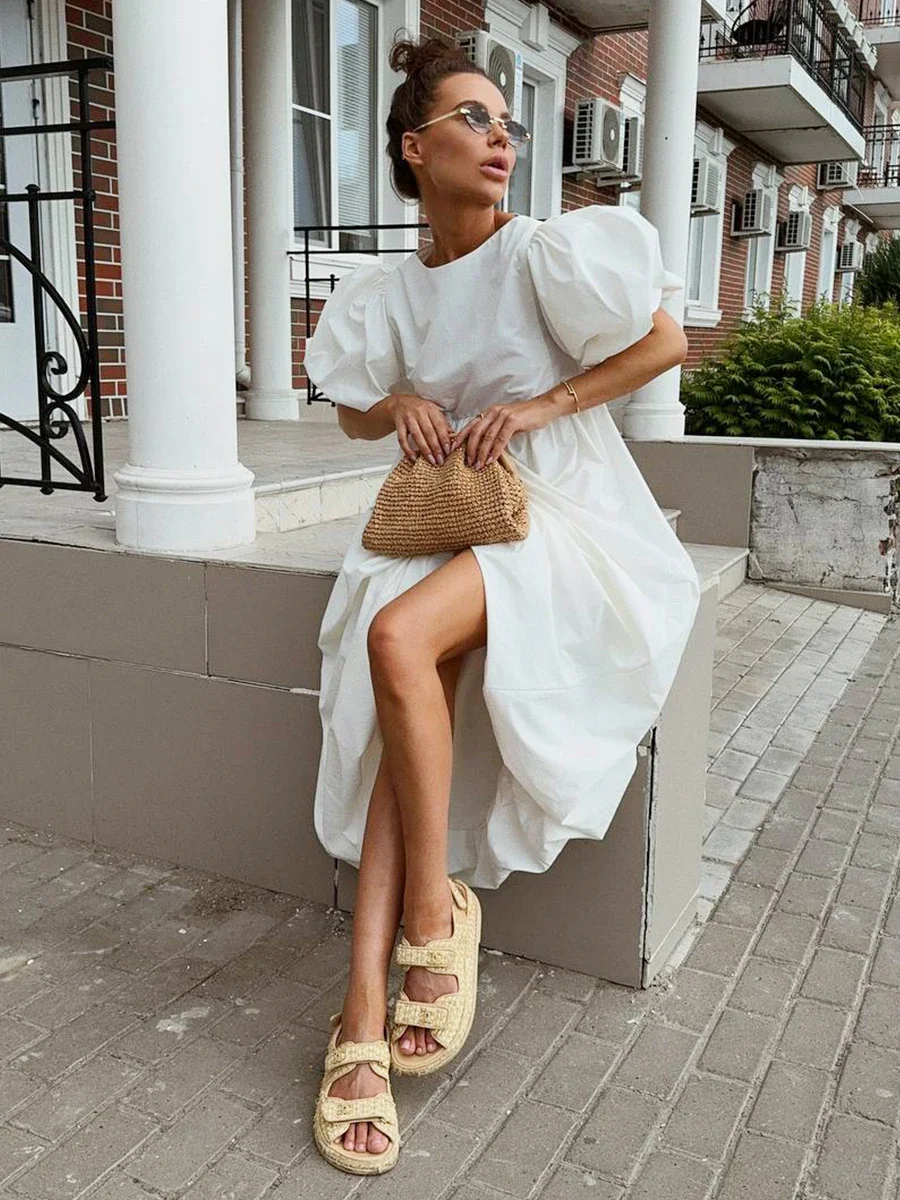 Bornladies Summer Cotton Women's Oversized Bubble Sleeve Dresses Fashionable Ladies O-Neck Chic Short Sleeve Loose Long Dress