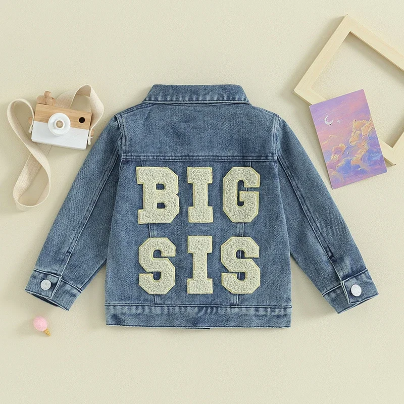 Cathery Toddler Baby Girl Jacket Big Lil Sis Matching Set Letter Embroidery Jean Long Sleeve Cardigan Button Denim Coat