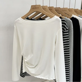 Harajuku ملابس علوية من القطن عادية المحاصيل القمم خمر مخطط سليم تي شيرت المرأة 2025 الصيف Y2k الشارع الشهير س الرقبة طويلة الأكمام تي شيرت 5