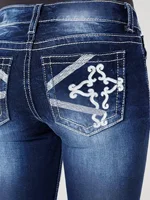 Plus size women's high waisted flared pants, retro embroidered back pocket design, deep blue comfortable women's jeans - Image 3