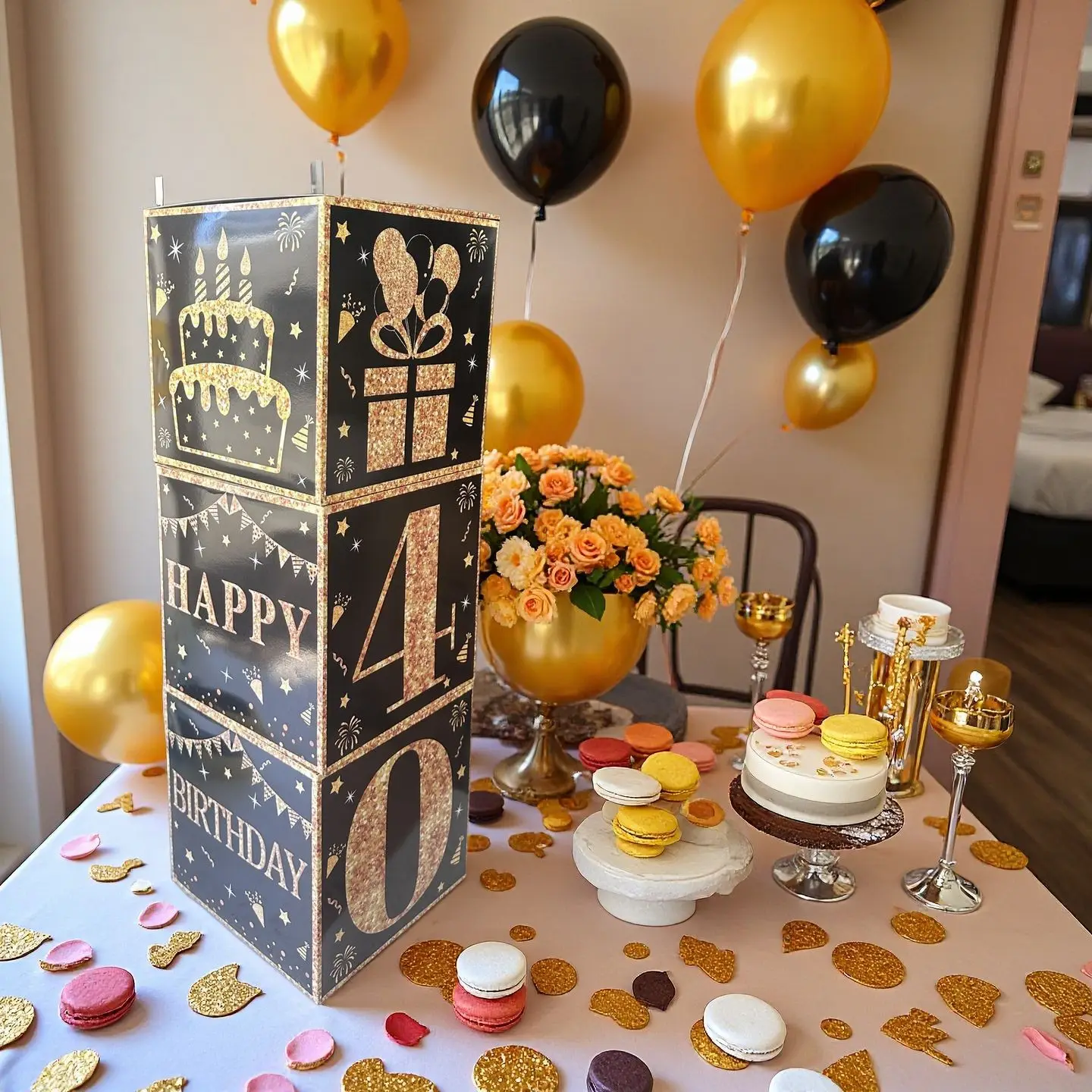 Elegant Black and Gold 40th Birthday Celebration Photo Backdrop and Party Decor Set