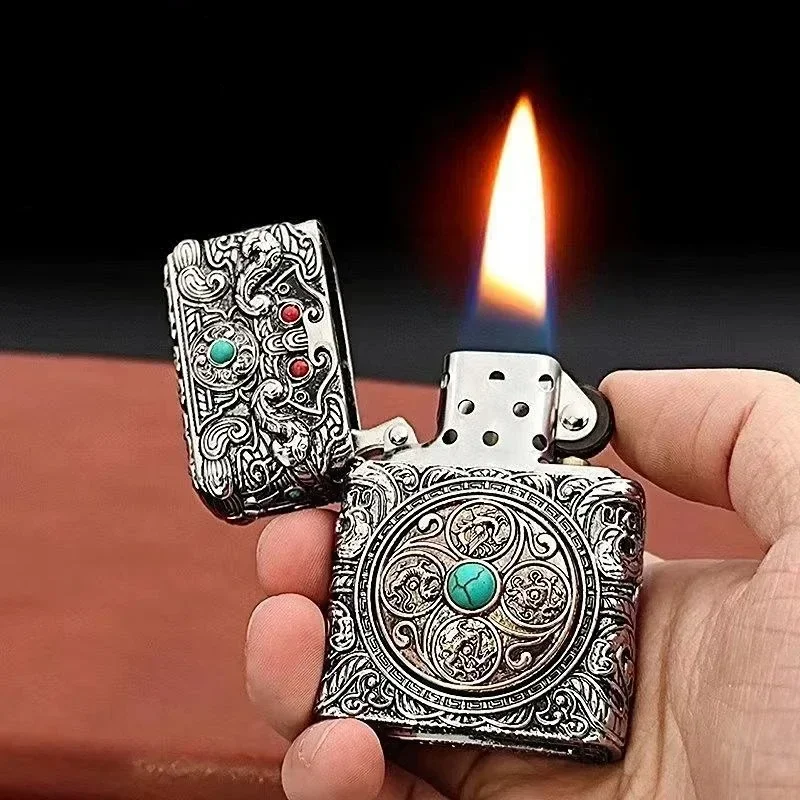 

Creative Lighter Six-sided Three-dimensional Engraving Kerosene Lighter Rotating Sticker Armor Cigarette Gadget Old Collection