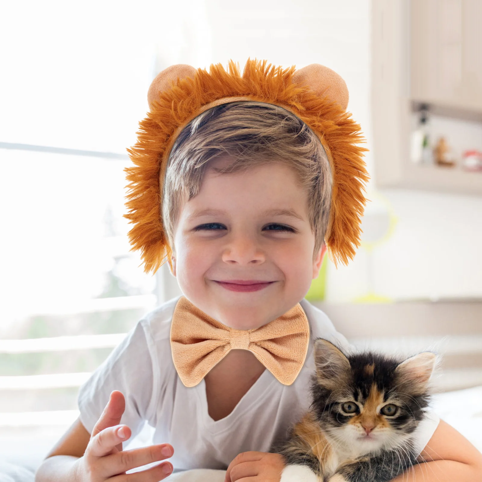 Children's Performance Lion Headband Set Plush Bow Tie Halloween Costumes Accessories Animal Tails Fabric Cosplay Ears Newborn 3