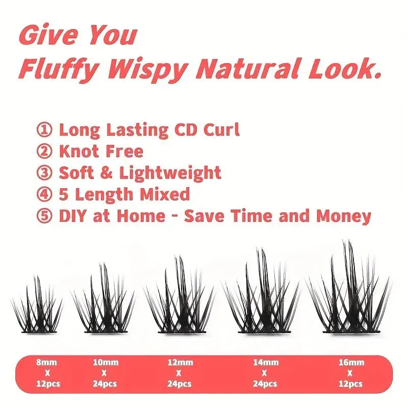 DIY eyelash extensions with 96 lashes, artificial eyelashes with C D curls, 8-16mm thick fluffy eyelash clusters