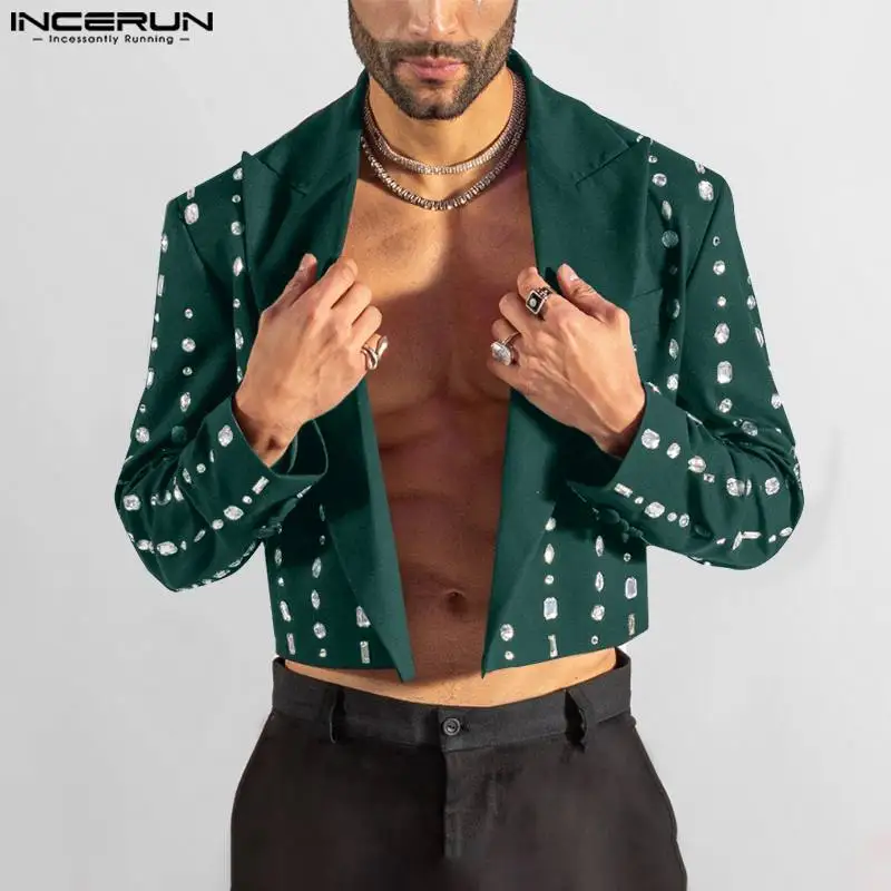 Men Blazers Lapel Collar Long Sleeve Open Front Diamond Printed Loose Cropped Jacket Coat