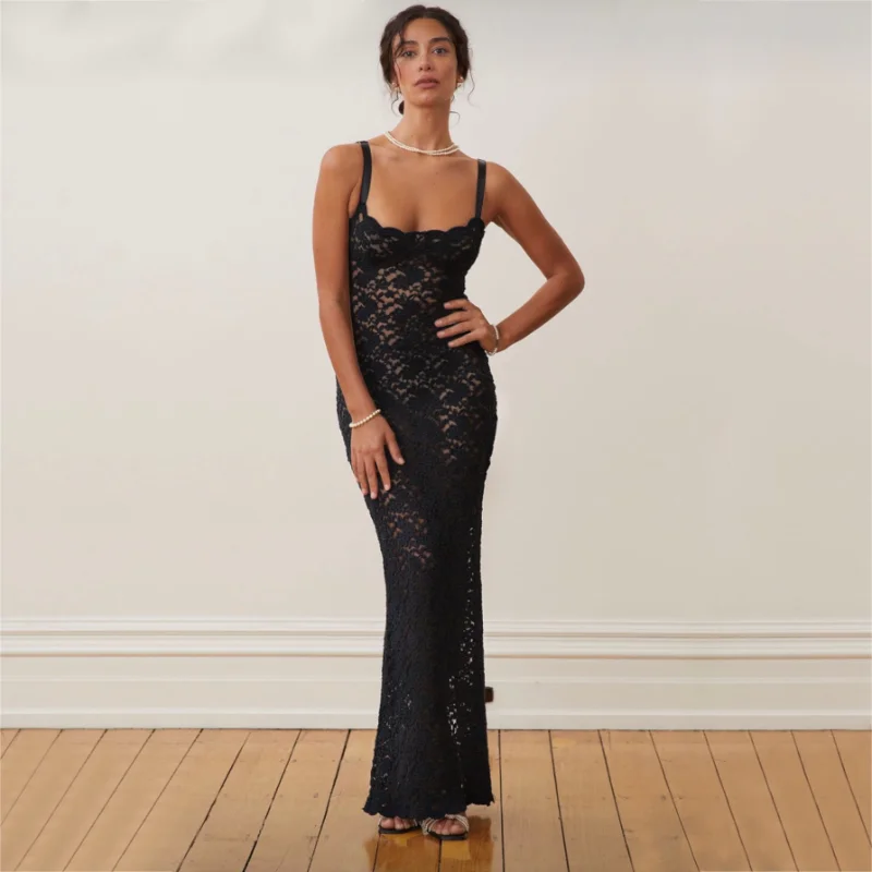 Lace Black Dress Female Slim Hollow Out Spaghetti Backless Dress Elegant Party Evening Gown Split Women Maxi Dress Summer