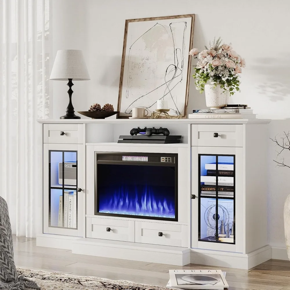 58” Fireplace TV Stand, TV Table for TVs up to 65 Inch, Entertainment Center with 23" Electric Fireplace, Glass Doors 3