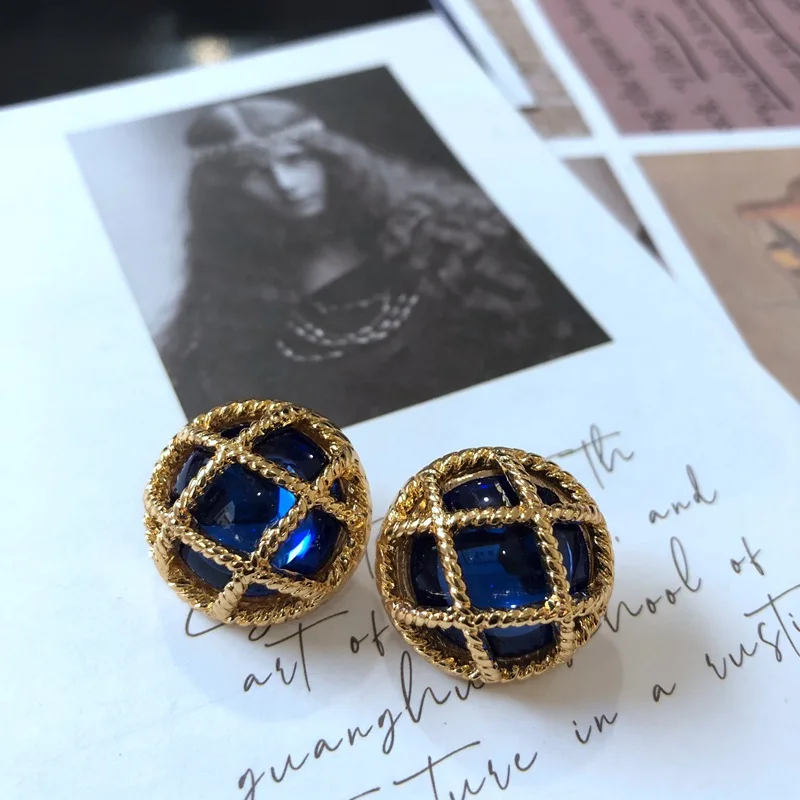 Vintage Electroplated Carved Pattern Blue Glaze Enamel Earrings