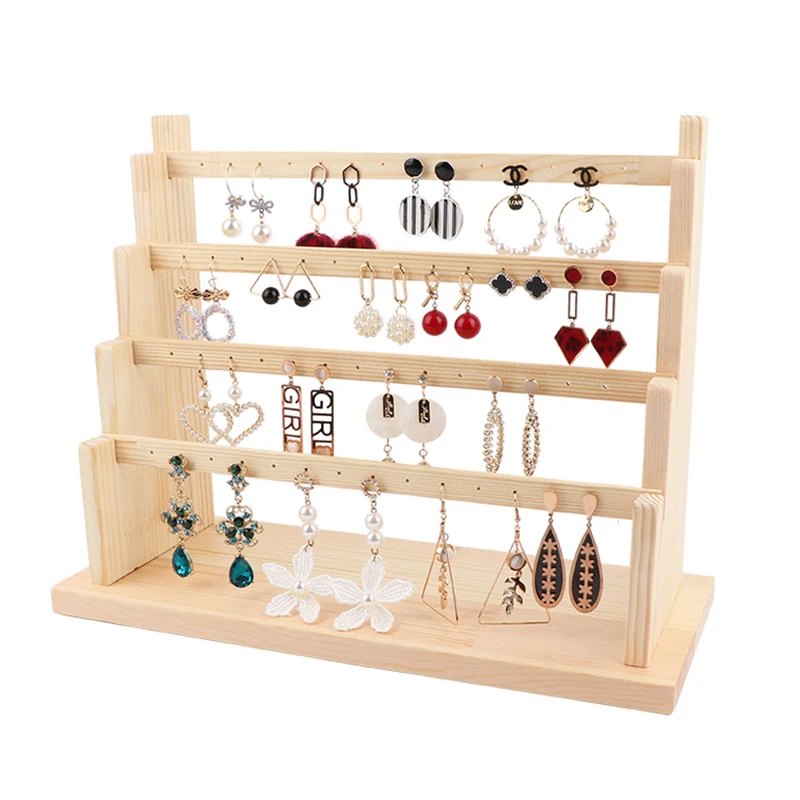 Earring Display Stands Wooden Jewelry Holders Ring Necklace Bracelet Organizer Racks Stall Event Retail Four Floors Display 100pcs white round paper cards necklace ring labels price tags stickers paper jewelry display card hangtag retail exhibitor