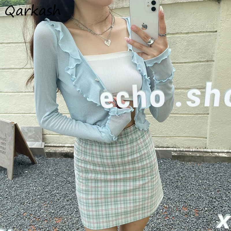 

Knitted Sun-proof Shirts Women Long Sleeve Thin Summer Slim Females Sweet Harajuku 5 Colors New Arrival Fashion Korean Ruffles