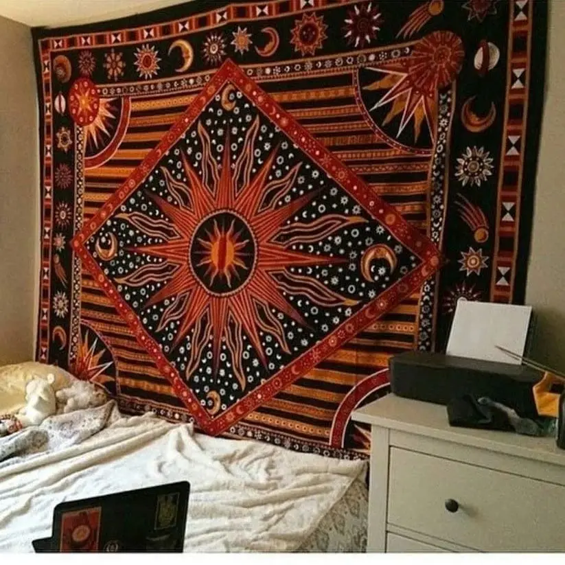Hippie Mandala sun and moon man-made poster tapestry wall hanging-India gold burning sun star psychedelic pop mysterious beach tapestry decorations