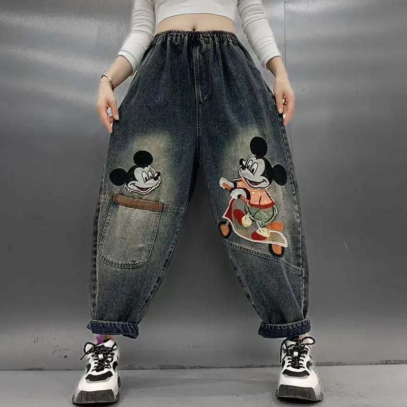 Cartoon Disney Mickey men's and women's new cute creative graphic print, personality fashion, loose and comfortable retro jeans
