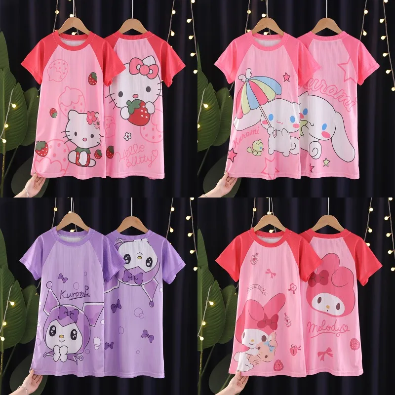 

Sanrio Hello Kitty Dress Girl Cinnamoroll Kuromi Nightgown Anime Kids Pajamas Summer Child Sleepwear Dress Homewear Baby Clothes