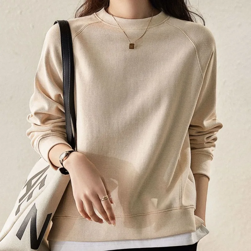 2023 Autumn and Winter Women's Round Neck Pullover Solid Color Contrast Sweater Tee T-shirt Fashion Large Loose Casual Tops