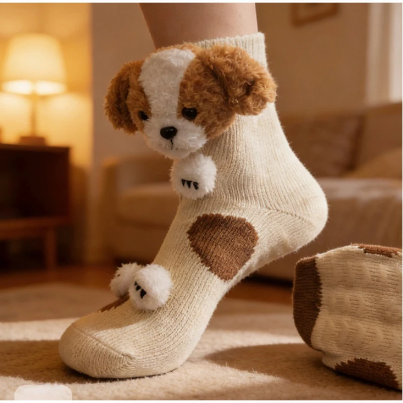 3D gestrickte süße Tier-Bodensocken, verdickt, warm, handgefertigt, gehäkelt, doppellagig, warme Socken, lustiges Neujahrsgeschenk – Detail 3