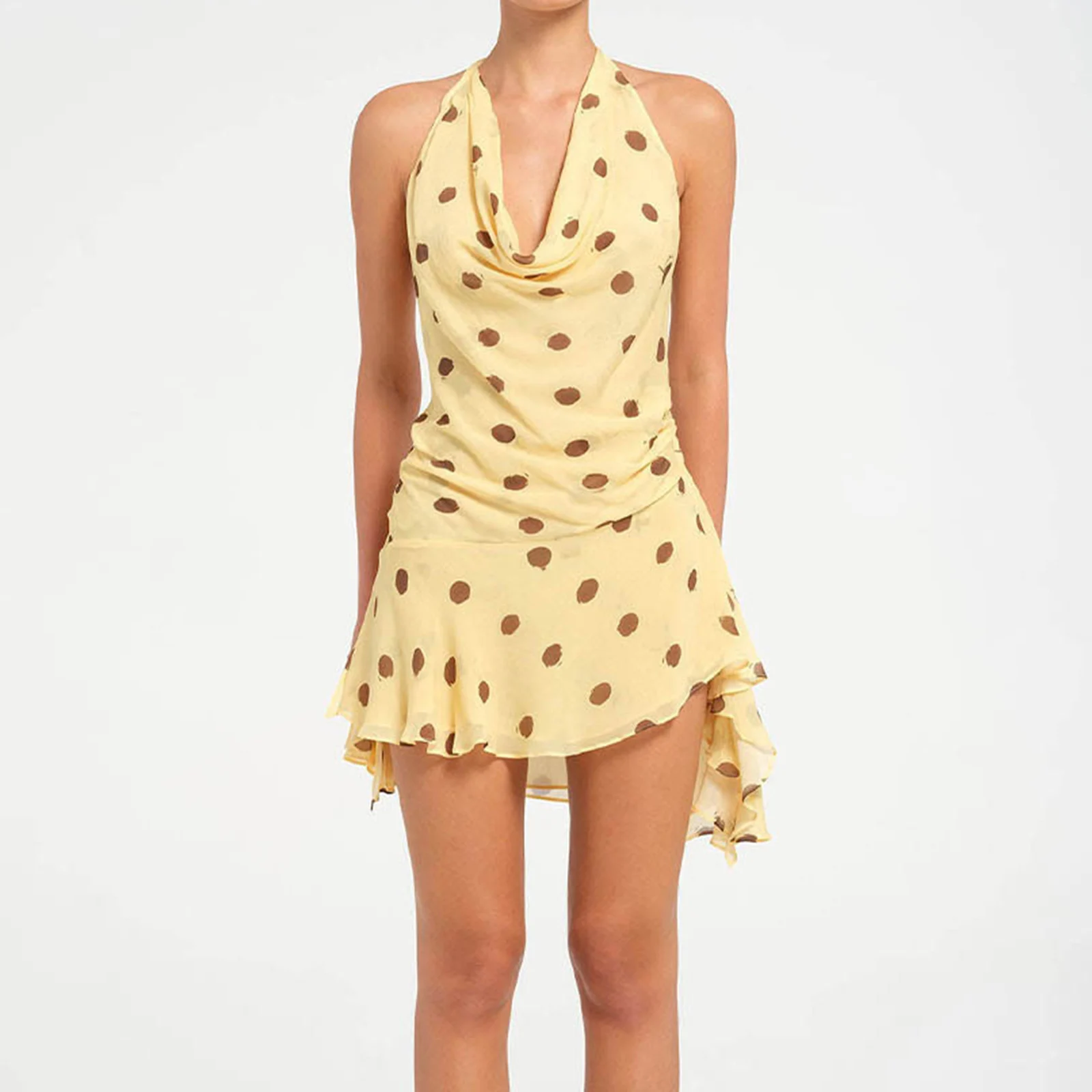 Women Summer Halter Mini Dress Ruffled Backless V Neck A Line Dress For Beach Vacation Party Daily Wear Streetwear - Image 2