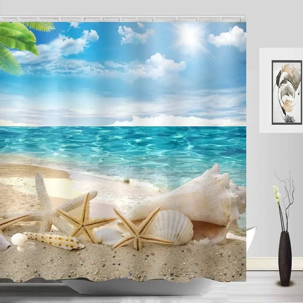 Cortina de ducha con diseño de océano, playa, palmeras tropicales, tortuga marina, gato, vela, flamencos, concha de coral, juego de cortina de ducha para decoración de baño