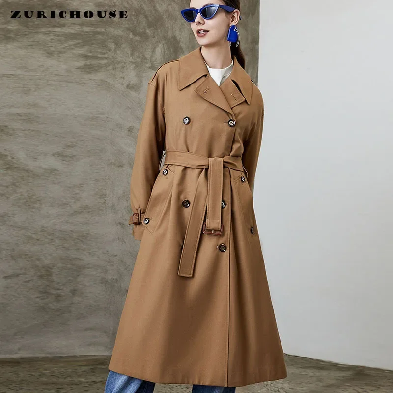 

Vintage Classic Double-breasted Belted Trench Coat Women 2024 New British Style Simple Temperament Long Windbreaker Female