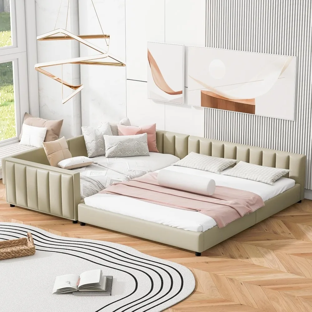 

SOFTSEA Queen Size Upholstered Grounded Bed with Twin XL Bed, Extra Large Mother & Child Bed with Headboard and Footboard