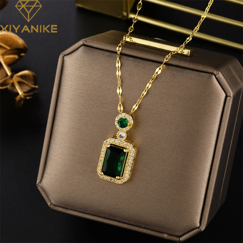 XIYANIKE 316L Stainless Steel Necklace Cube Zircon Pendant Accessories for Women Geometric Charming Temperament Jewelry Collier