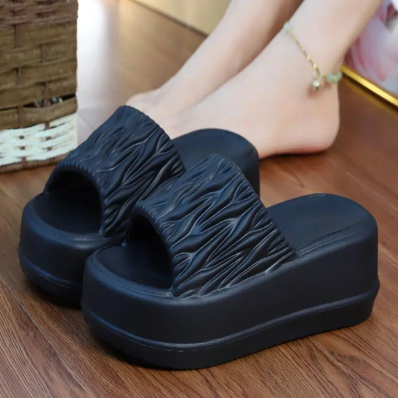 Summer high wedge sandals women's 7cm chunky heel mules women candy color slippers white mules house shoes woman outdoor slipper