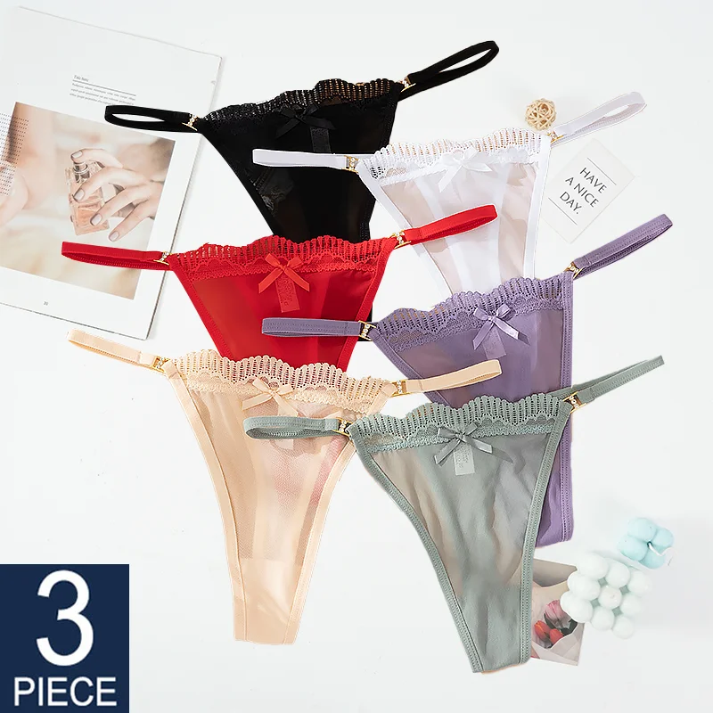 

3PCS/SET Women's Lace Mesh G-string Sexy Panties Low Waist Underwear Thongs Transparent Hollow Out Underpants Female Lingere