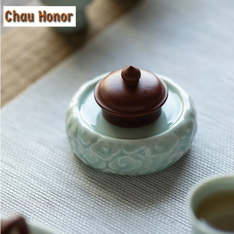 Hutian Kiln Shadow Green Glaze Manual Relief Cover Carving Coaster Cup Holder Tea Holder Tea Ceremony Accessories Cover Holder