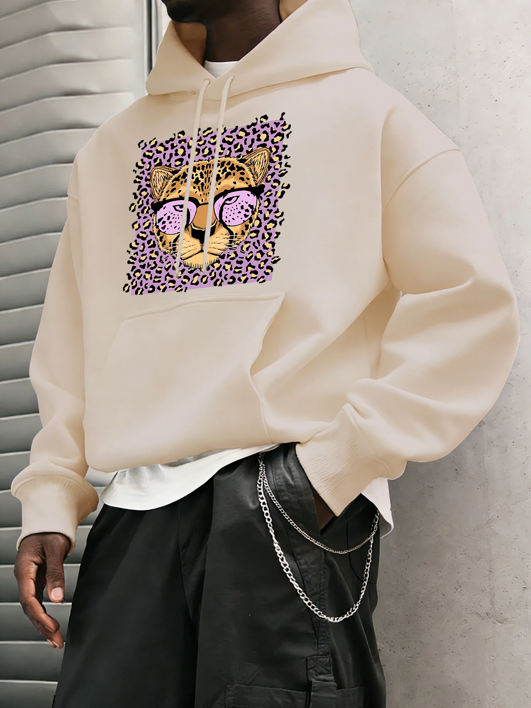 Yaratıcı Mor Leopar Baskılı Kapüşonlular Erkekler Rahat Genç Giysiler Gevşek Sonbahar Sokak Şıklığı Polar Unisex Tüm Maç Kazaklar