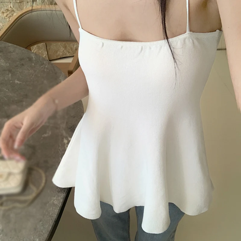 여성용 니트 플런지 웨이스트 큰 밑단 캐미솔 탑, 단색 슬림 민소매 탱크탑, 여름