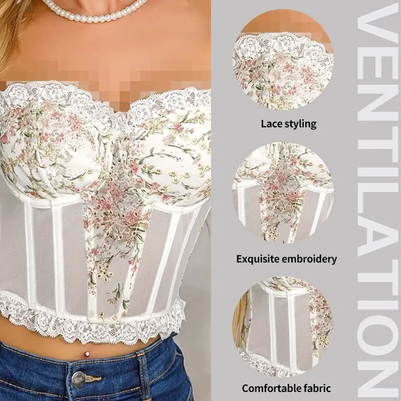 Women Lingerie Bra Lace Mesh Fish Bone Chest Flower Embroidered Strapless Top