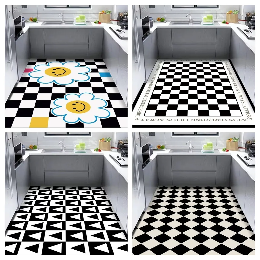 BlackandWhiteCheckerboardPlaidCarpetHomeKitchenFloorMatAnti