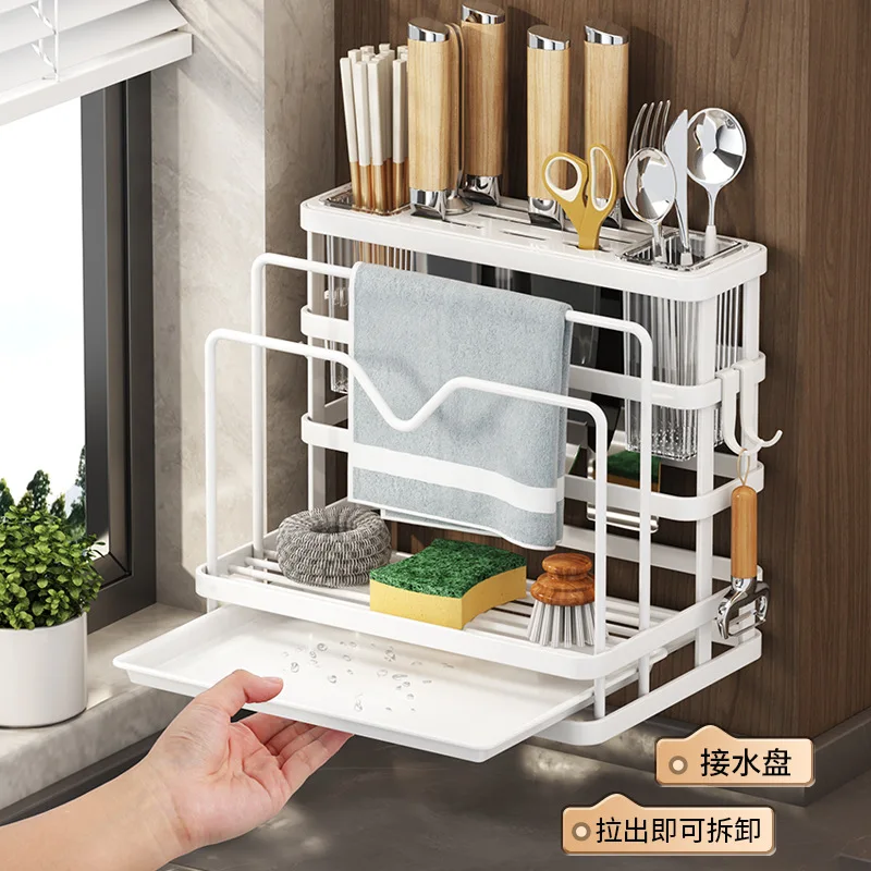 Kitchen Storage Shelf MultiFunction Kitchen Knife Stand Holder Sink Storage Rack Stainless Steel Soap Sponge Holder Towel Rack 2