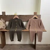 Ins Autumn Baby Boys Jumpsuit Cotton Knitted Solid Buttons Long Sleeve O-neck Infant Boys Bodysuit Toddler Boys Rompers 1