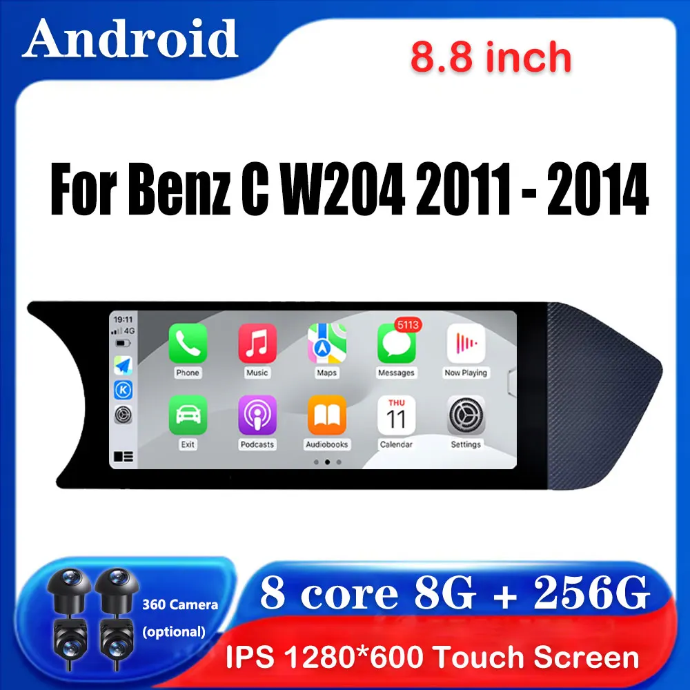 벤츠 C W204 2011 - 2014 자동차 액세서리, 안드로이드 OS 터치 스크린, 자동차 카플레이 모니터, 멀티미디어 플레이어 스테레오 라디오, 8.8 인치