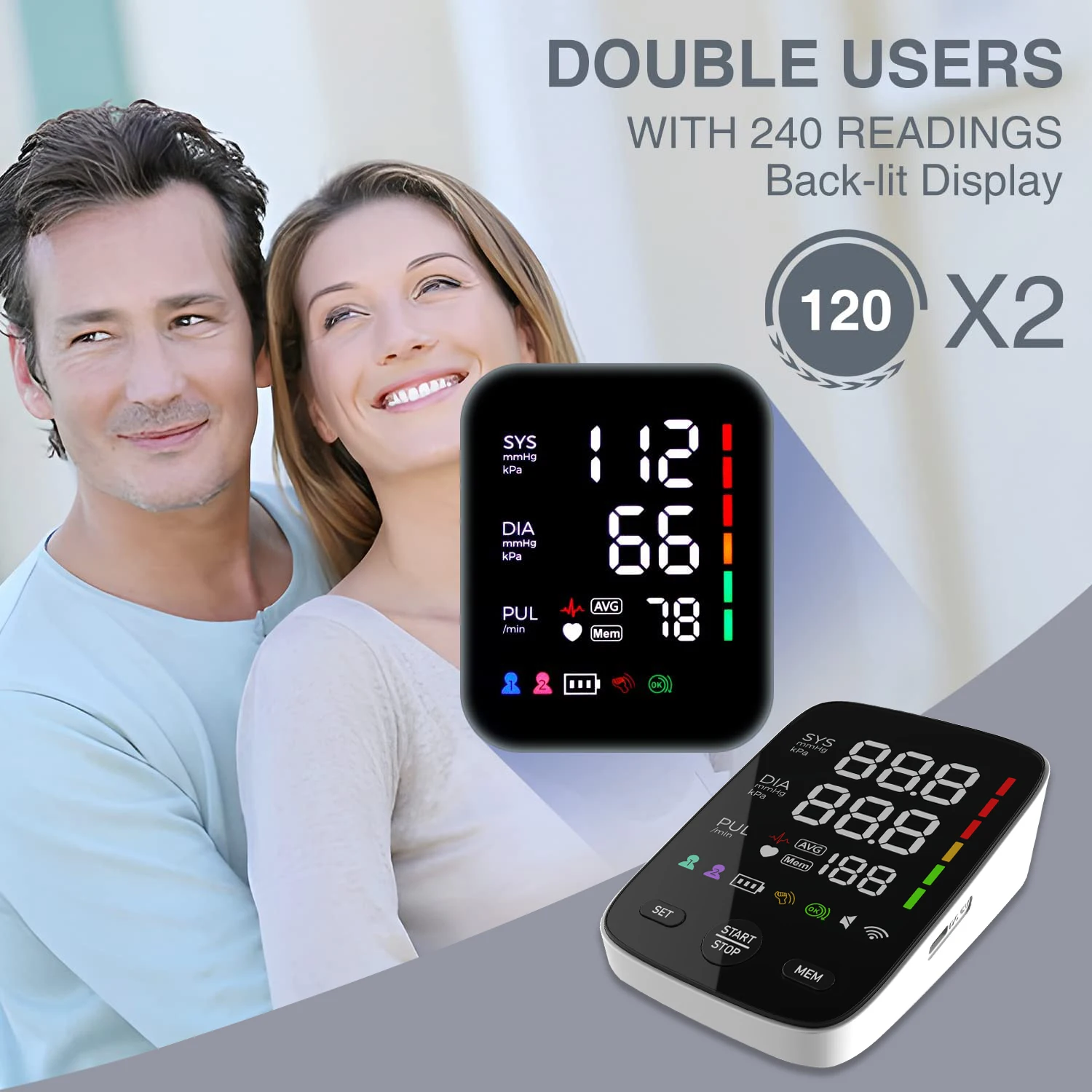 Blood Pressure Monitor Digital Electronic Upper Arm Style Big LED Screen 2X120 Groups