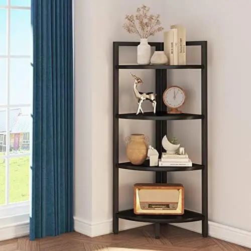 

Corner Bookshelf 4 Tier Stand Storage Shelf Modern Black Bookcase Ladder Standing Shelves Display Plant Stand for Small Spaces,